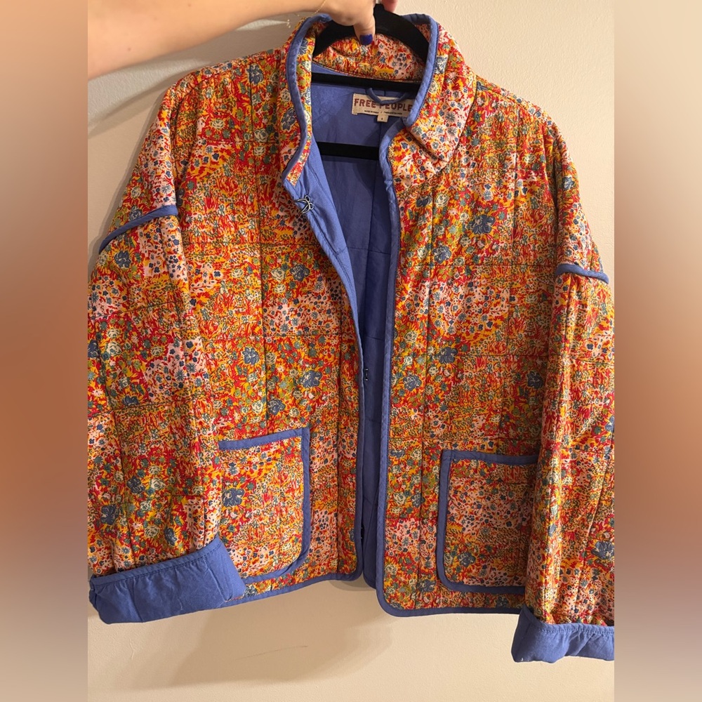 Free People Multicolor Quilted Jacket with Blue Accents